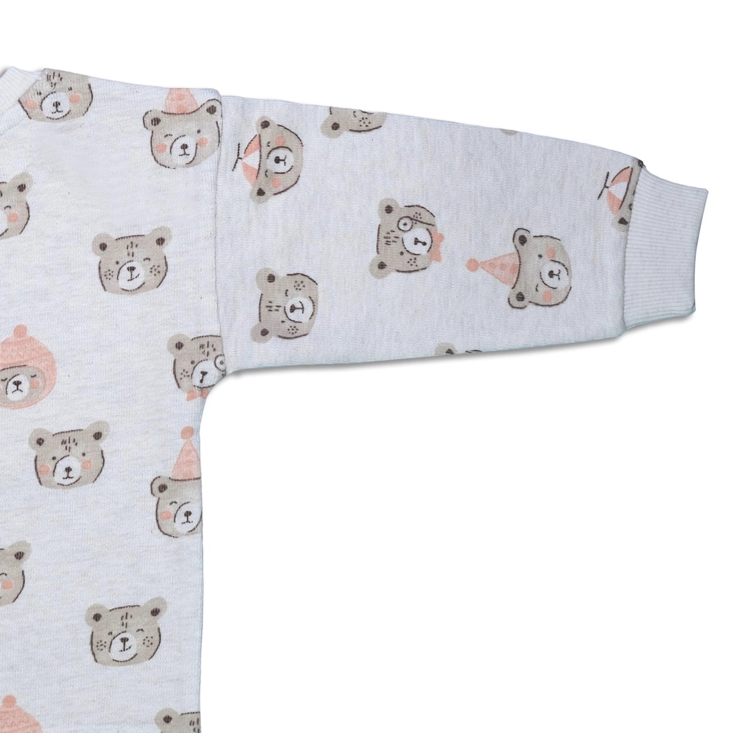 White organic cotton sweatshirt sleeve with cute festive bear faces pattern in soft pink and gray