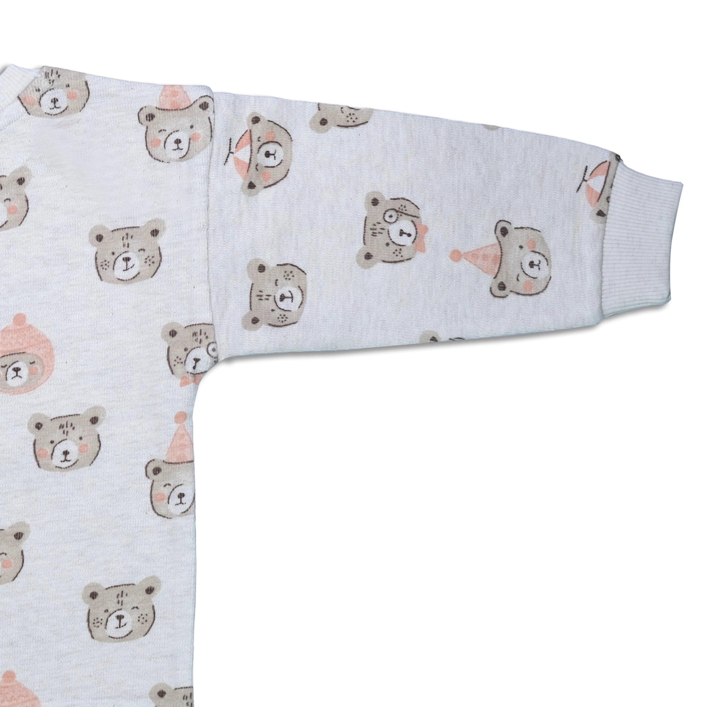 White organic cotton sweatshirt sleeve with cute festive bear faces pattern in soft pink and gray