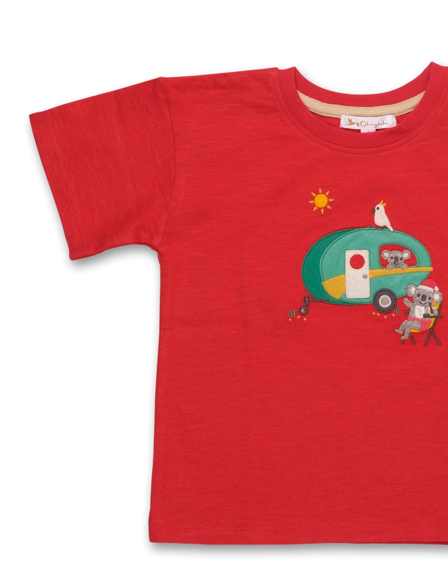 Red organic cotton kids t-shirt with embroidered green camper and koalas design