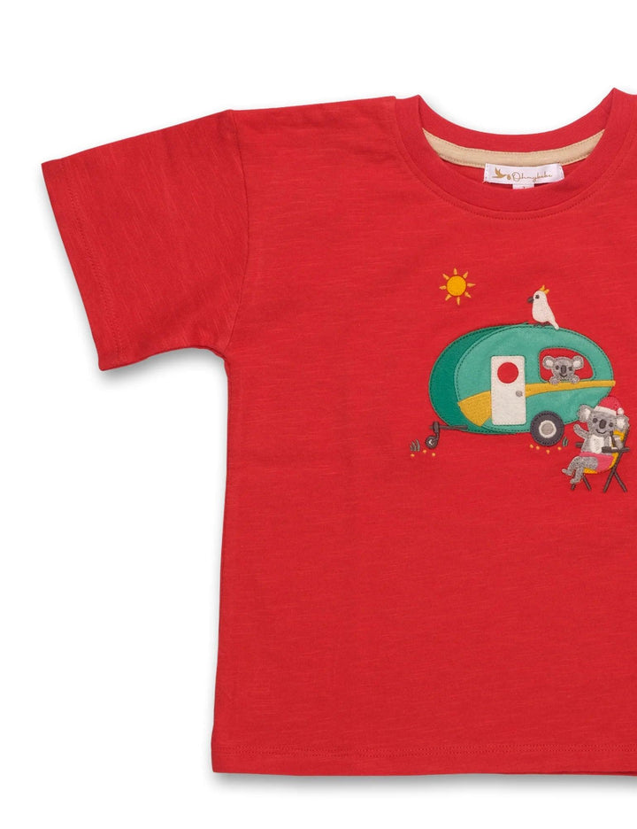 Close-up of the red organic cotton t-shirt showing the charming koala, camper van, and animal print details. See unique baby tops India.