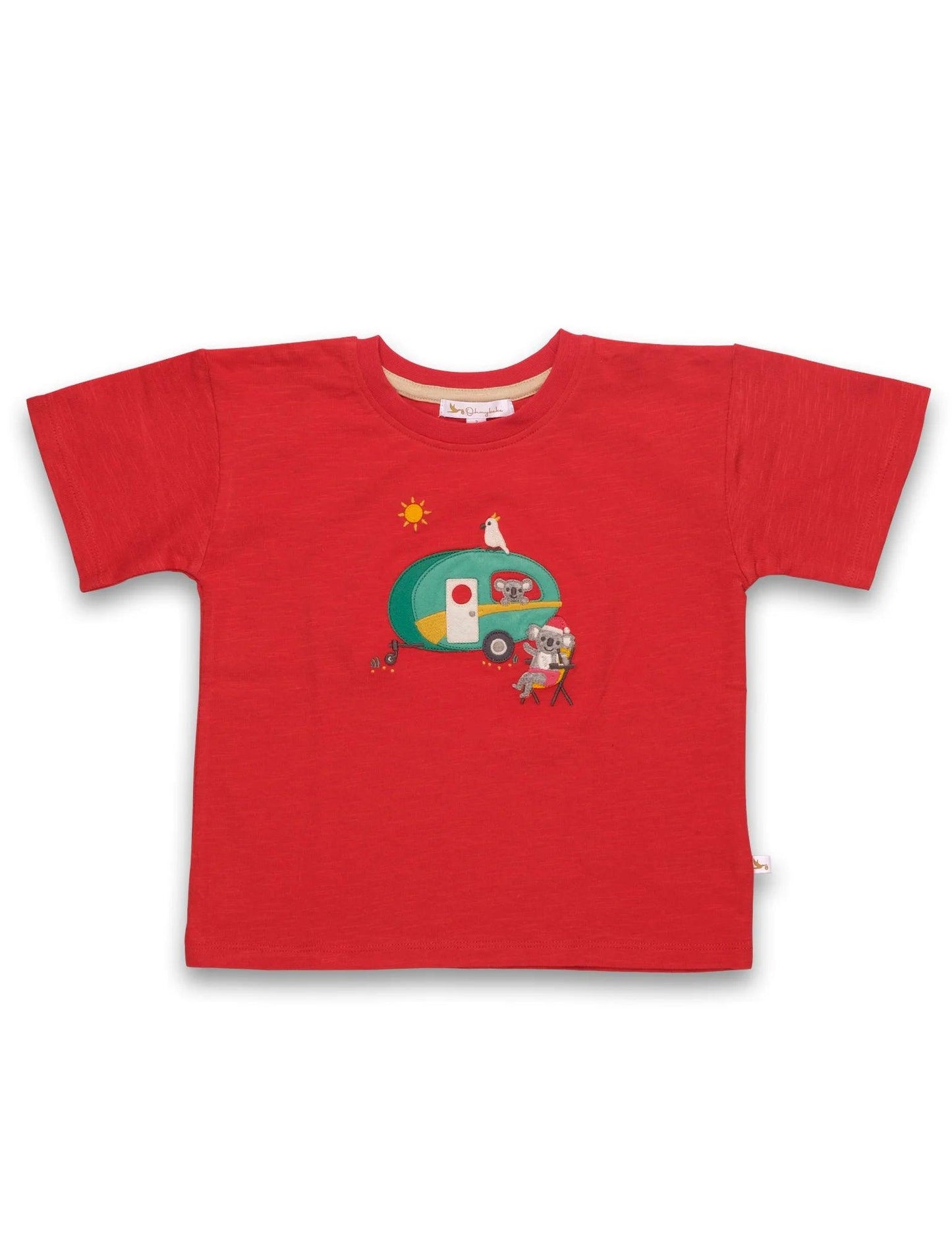 Red organic cotton kids t-shirt with koala camper and bird graphic print