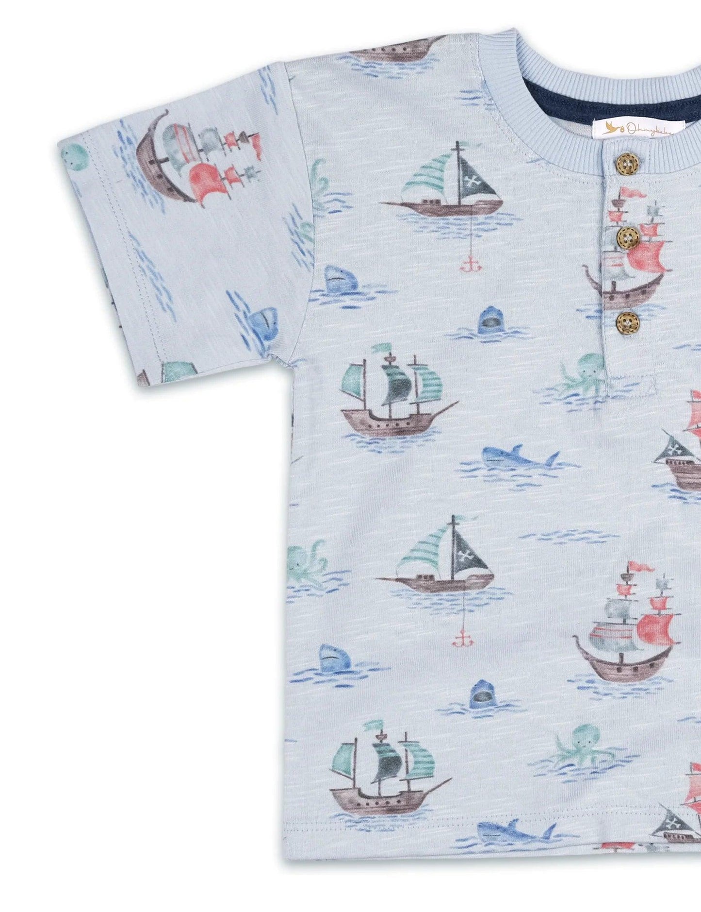 Light blue organic cotton toddler shirt with sailboat and sea creature print and wooden buttons