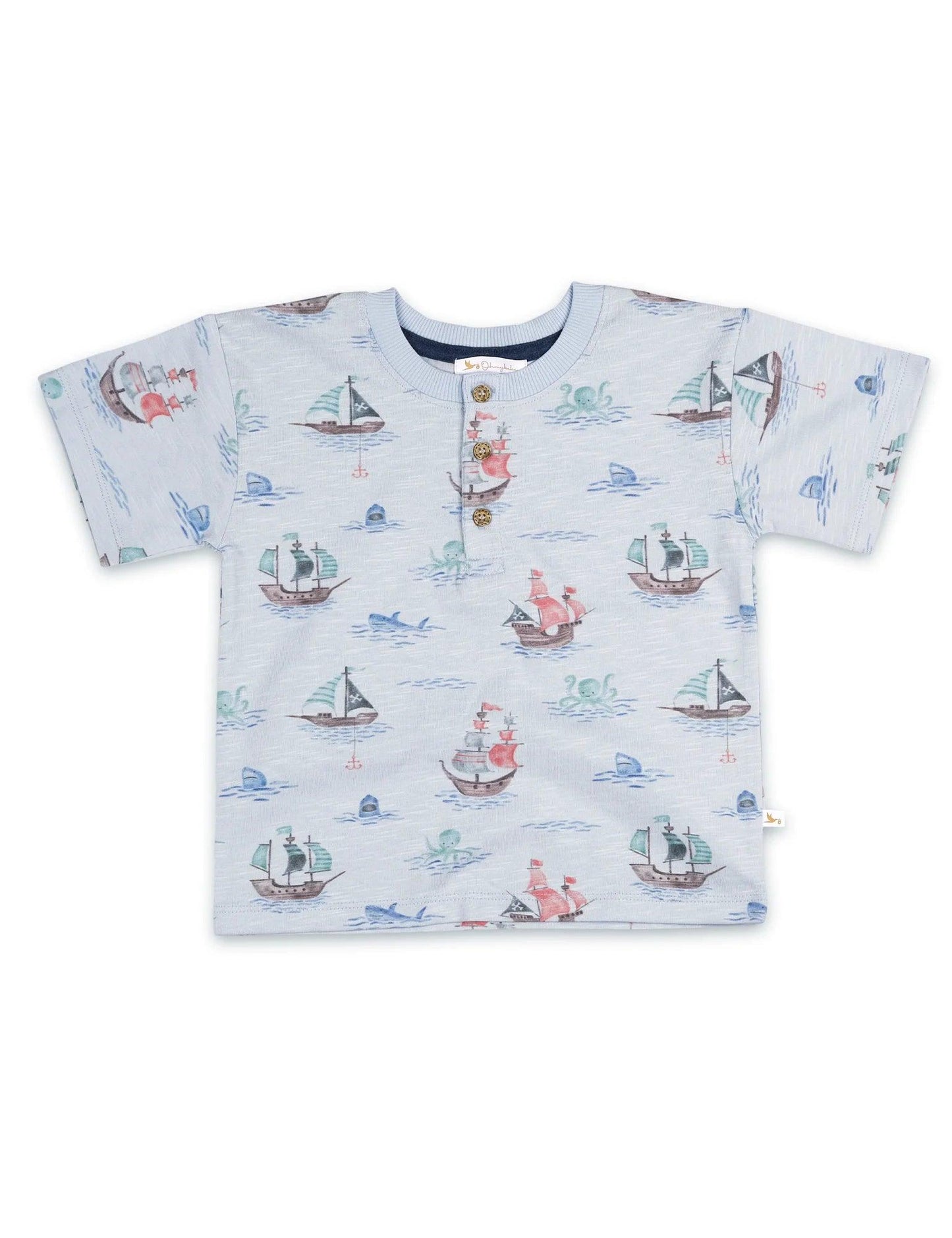 Light blue organic cotton toddler t-shirt with sailboat, shark fin, and octopus print, front buttons