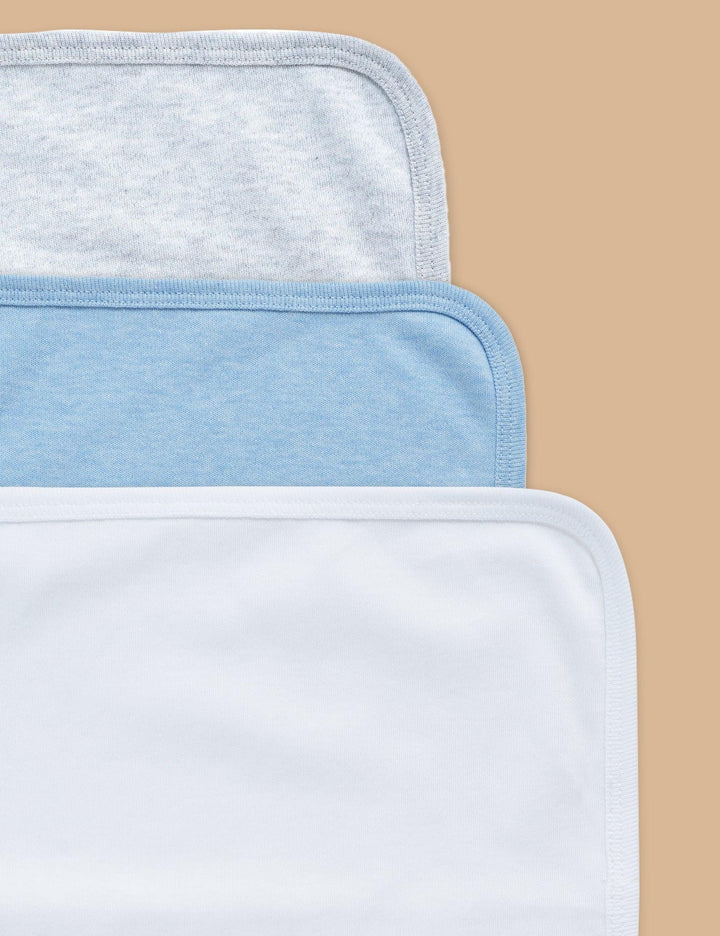 Organic Cotton 3-Piece Washcloth Set (10x10 inches) – Blue/White/Grey Combo - ohmybebe