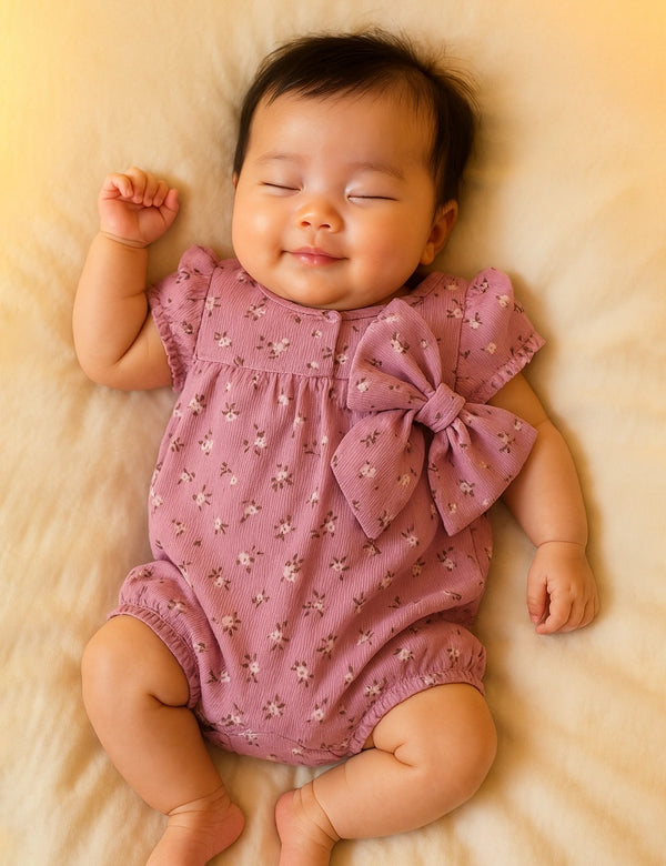  Adorable baby girl, who appears to be of South Asian descent, sleeping peacefully in a 100% organic cotton short-sleeved baby romper with a charming daisy print and a large bow detail. Shop soft organic baby rompers online in India.