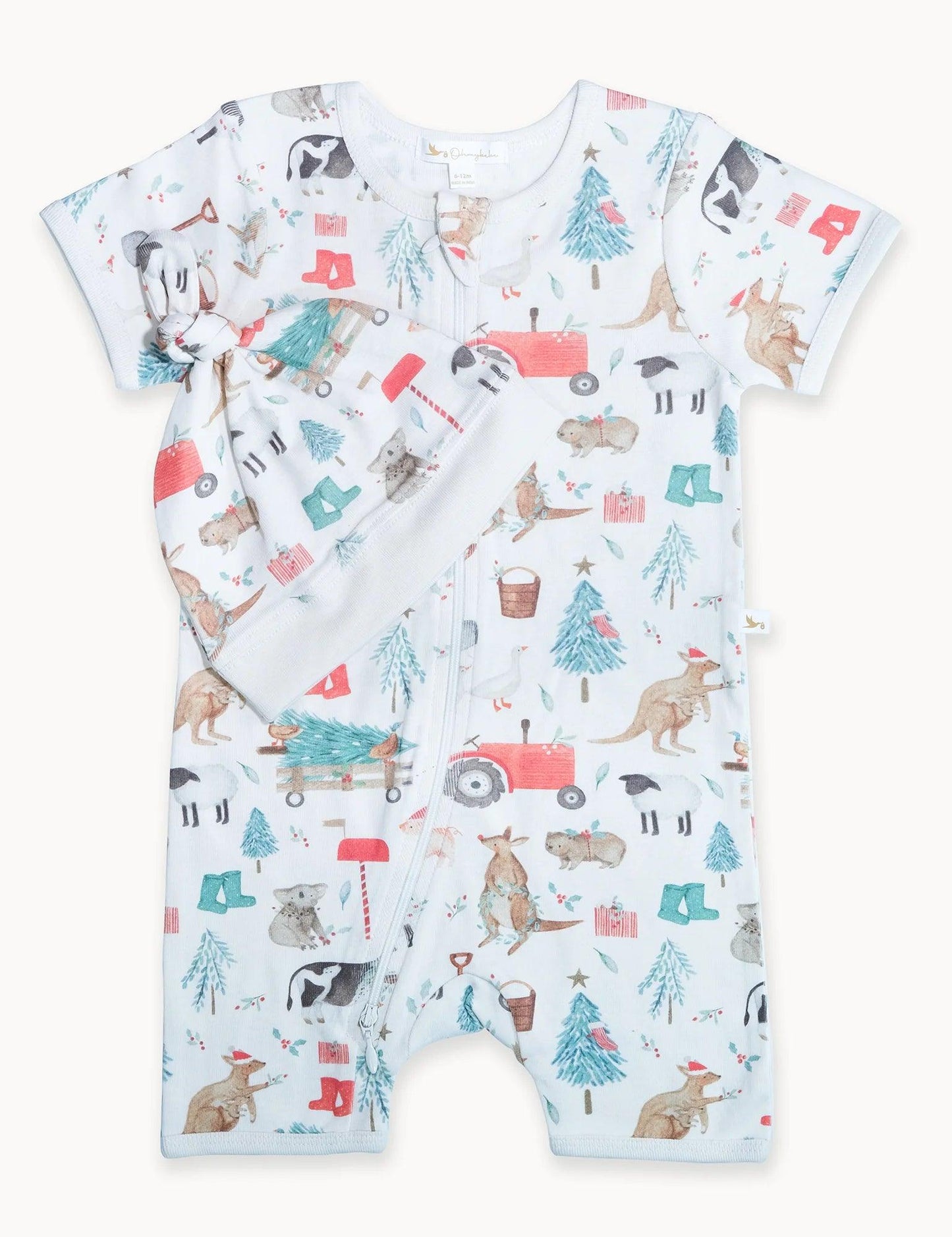 Organic baby romper and hat set with farm animal and Christmas tree print