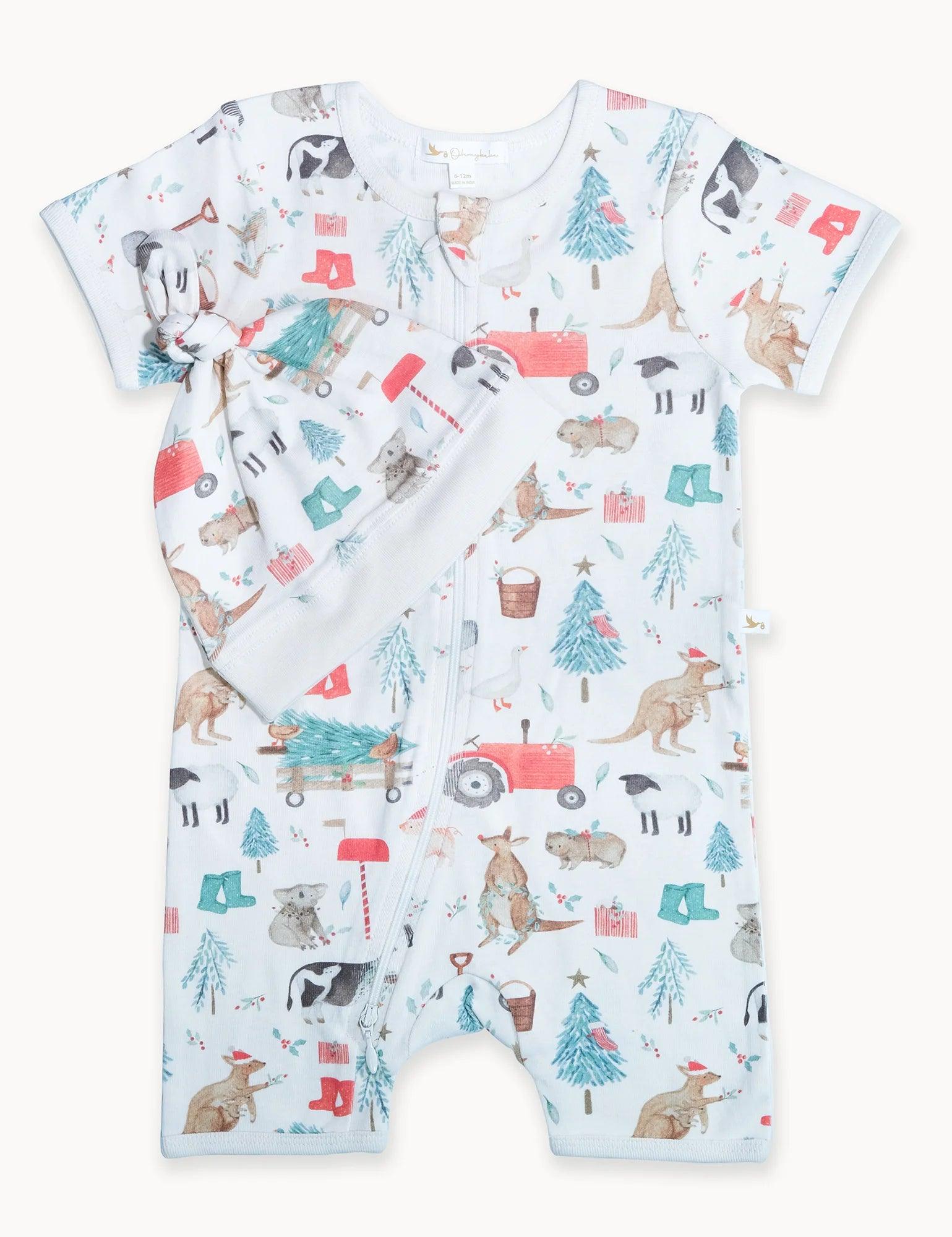 Organic baby romper and hat set with farm animal and Christmas tree print