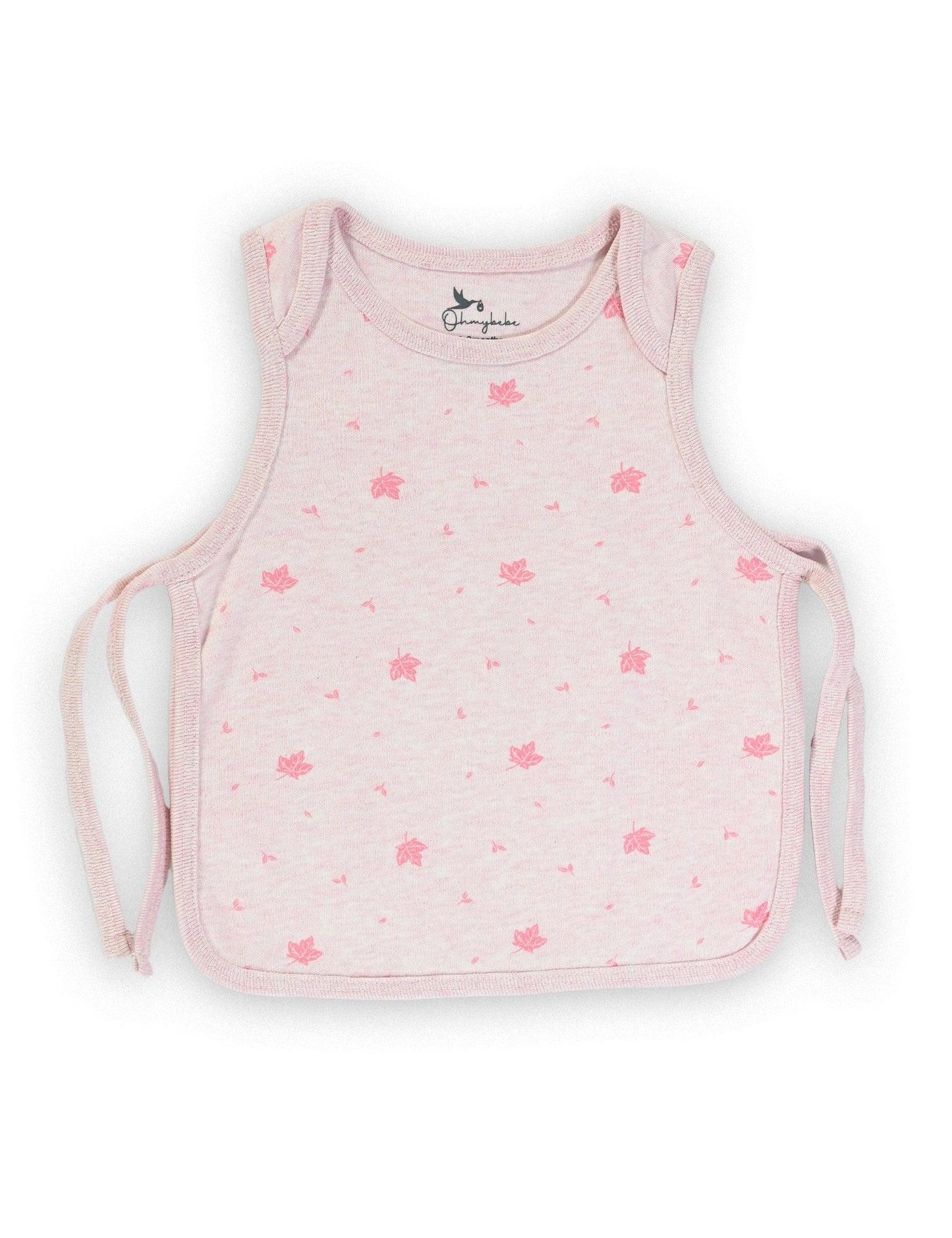 Pink organic cotton singlet with tie sides featuring a delicate leaf print pattern