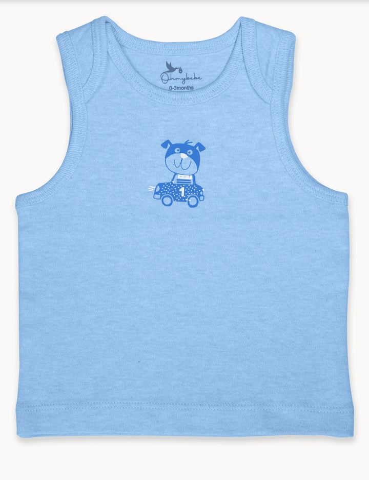 Plain light blue Oh My Baby organic cotton baby singlet with side ties. Shop comfortable and adjustable baby vests online in India.