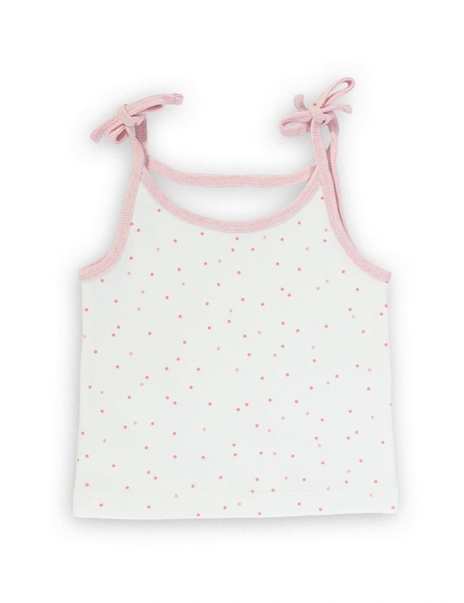 White singlet with pink polka dots and pink tie-shoulder straps, organic cotton fabric