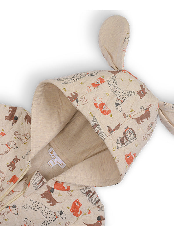 Organic quilted baby romper with dog print pattern and hood featuring soft ears