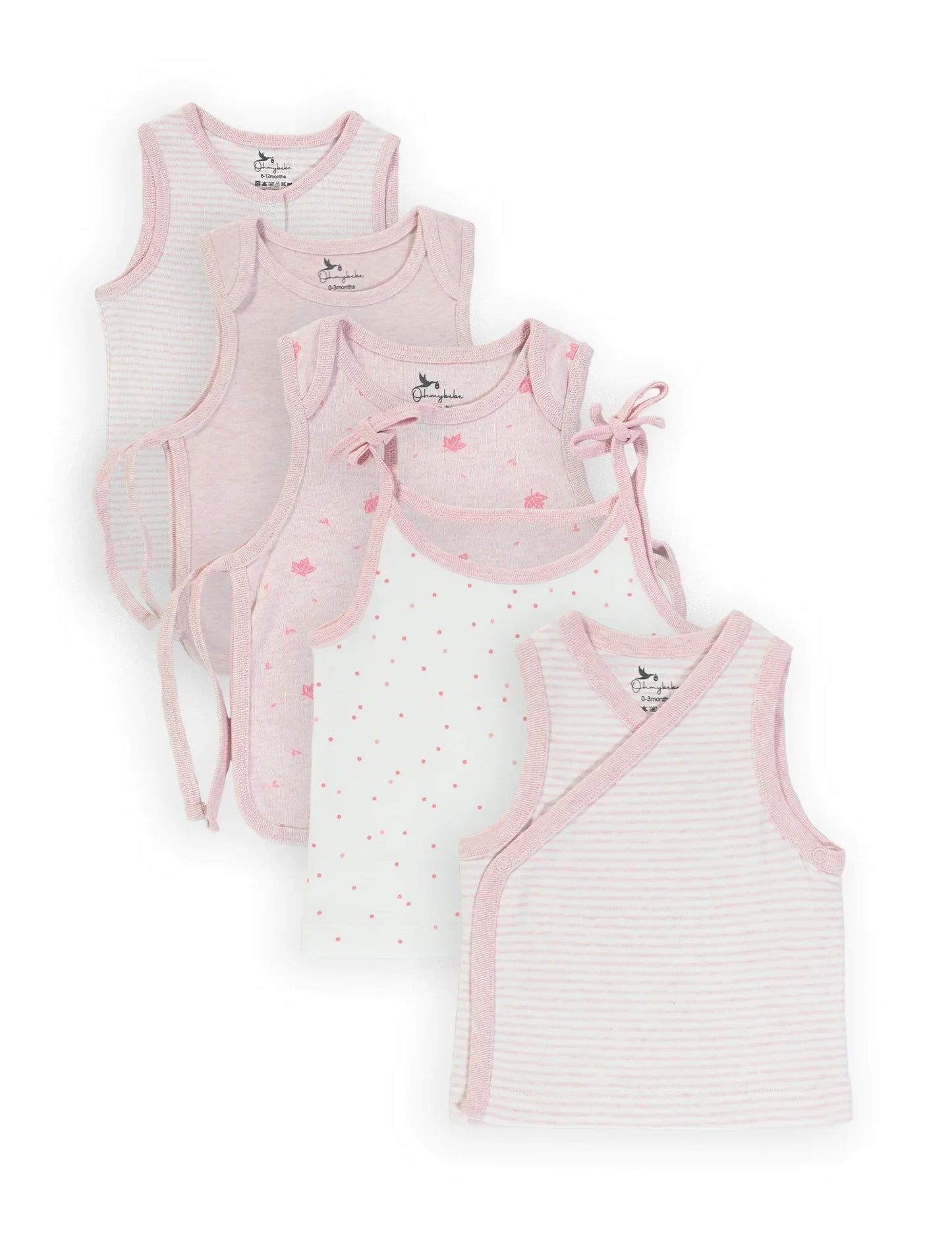 Set of five soft pink and white organic cotton baby singlets with various patterns