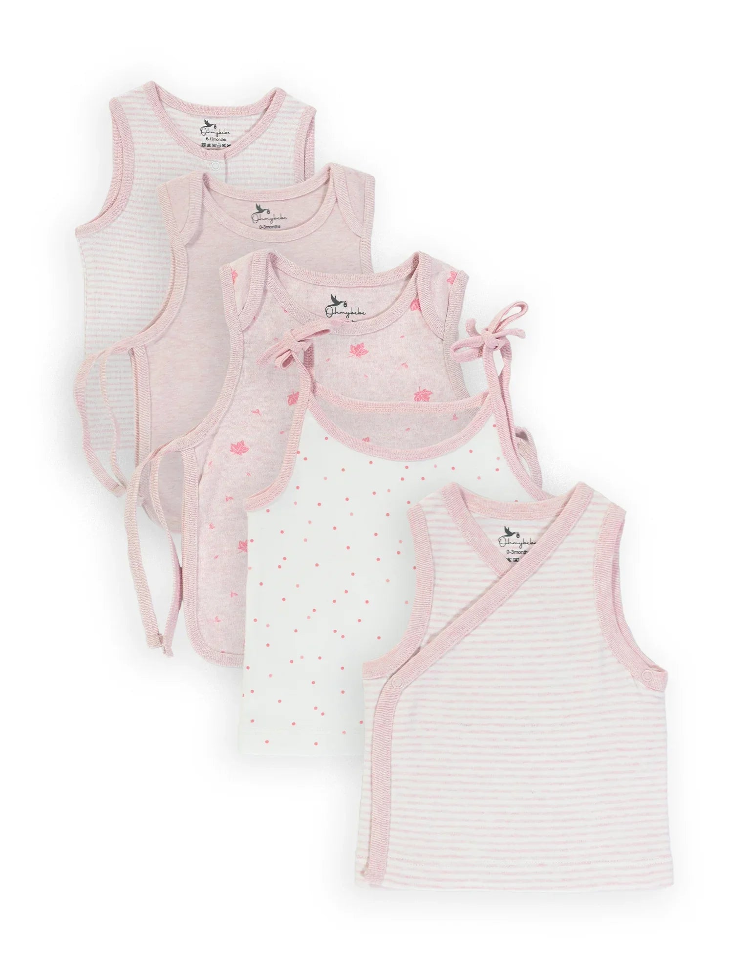 Set of five soft pink and white organic cotton baby singlets with various patterns