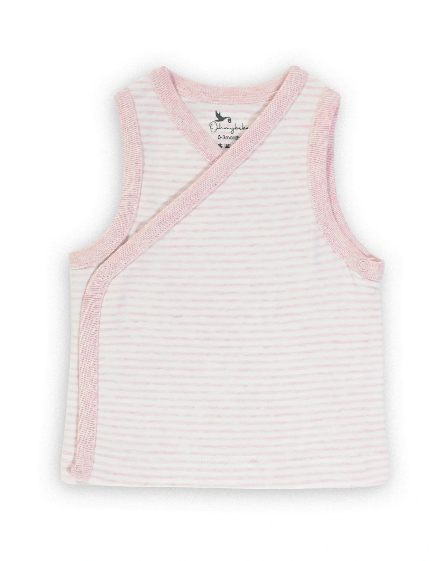 Organic baby singlet with pink and white stripes and crossover snap design for 0-3 months