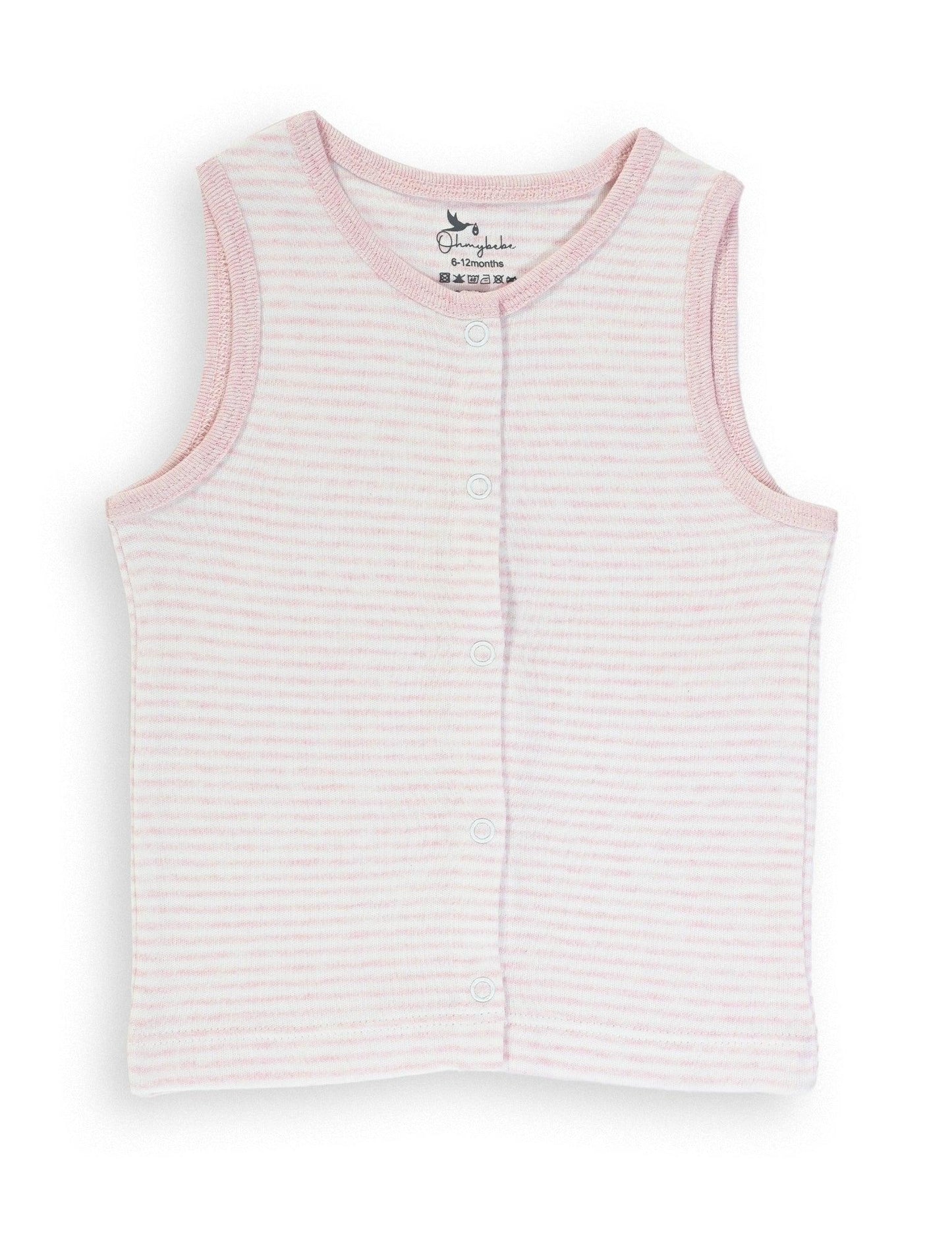 Organic baby singlet with pink and white stripes, sleeveless and button-up front