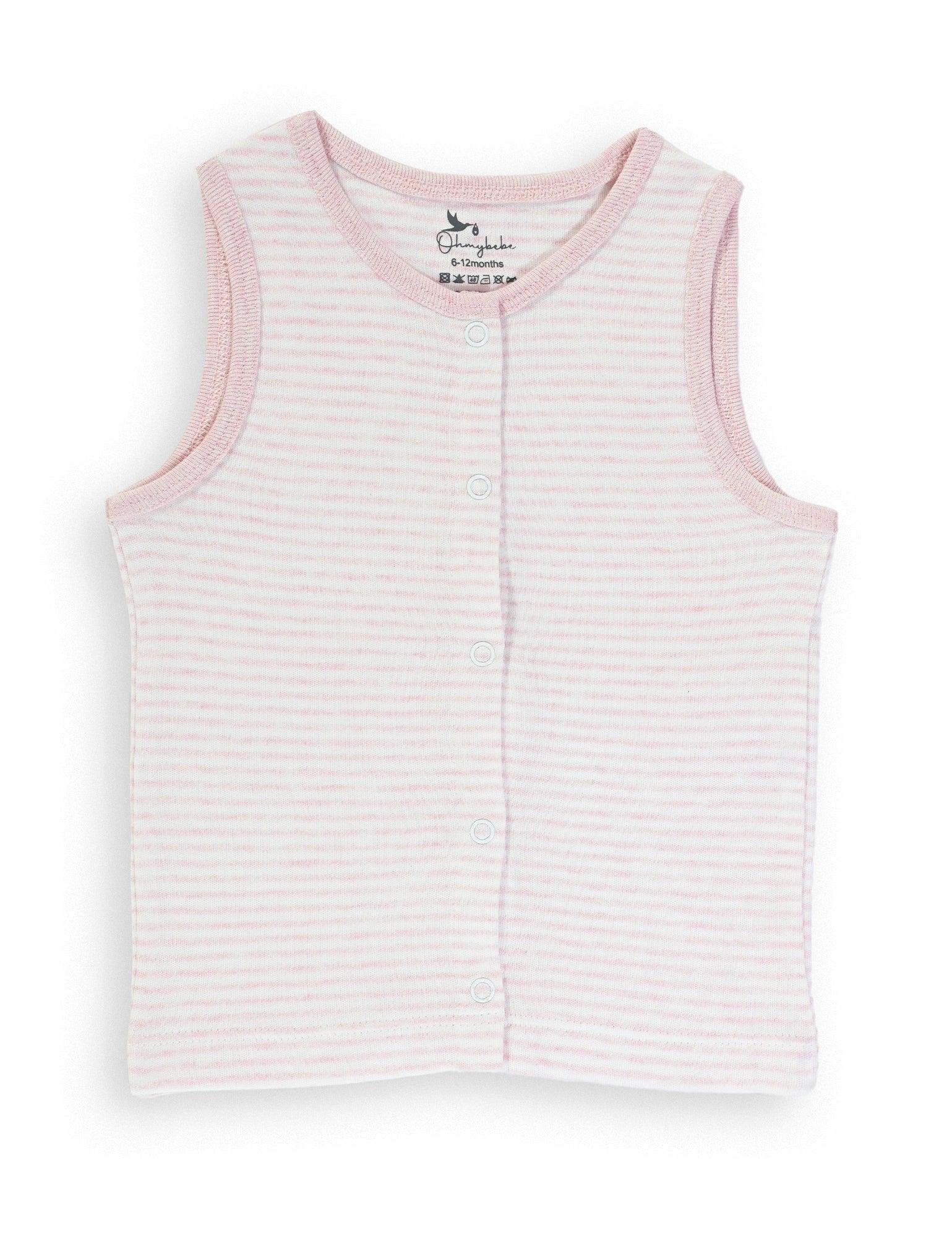 Organic baby singlet with pink and white stripes, sleeveless and button-up front