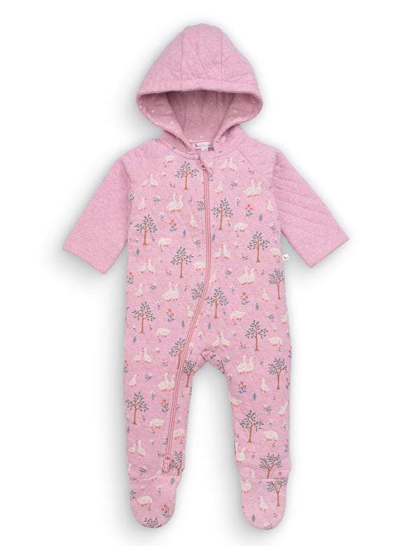 Pink hooded baby onesie with zipper and printed ducks, trees, and flowers pattern