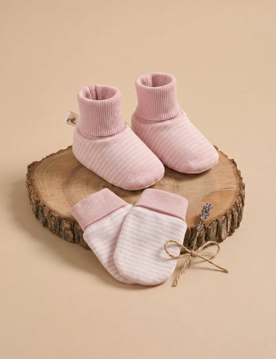 Organic Cotton Baby Booties & Mittens Set – Pale Pink Stripe