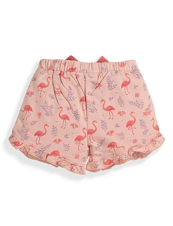 Pink toddler shorts with red flamingo and floral print, elastic waist, and ruffled hem