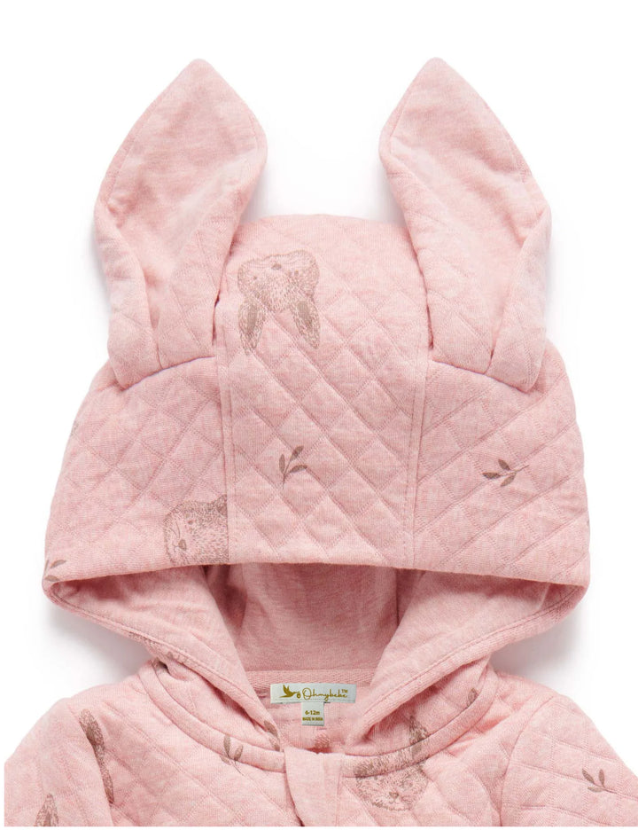 Hood detail of a charming pink quilted baby jumpsuit featuring adorable bunny ear accents and subtle bunny face prints. Shop cute hooded baby outfits online in India.