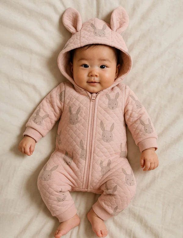 Adorable baby of East Asian descent wearing a soft pink quilted jumpsuit with a bunny-eared hood and cute bunny prints, lying on a light-colored surface. Shop charming baby outfits online in India.