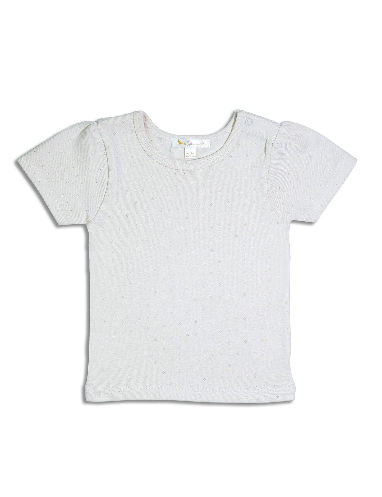 Plain white baby t-shirt with short puff sleeves and round neckline on white background