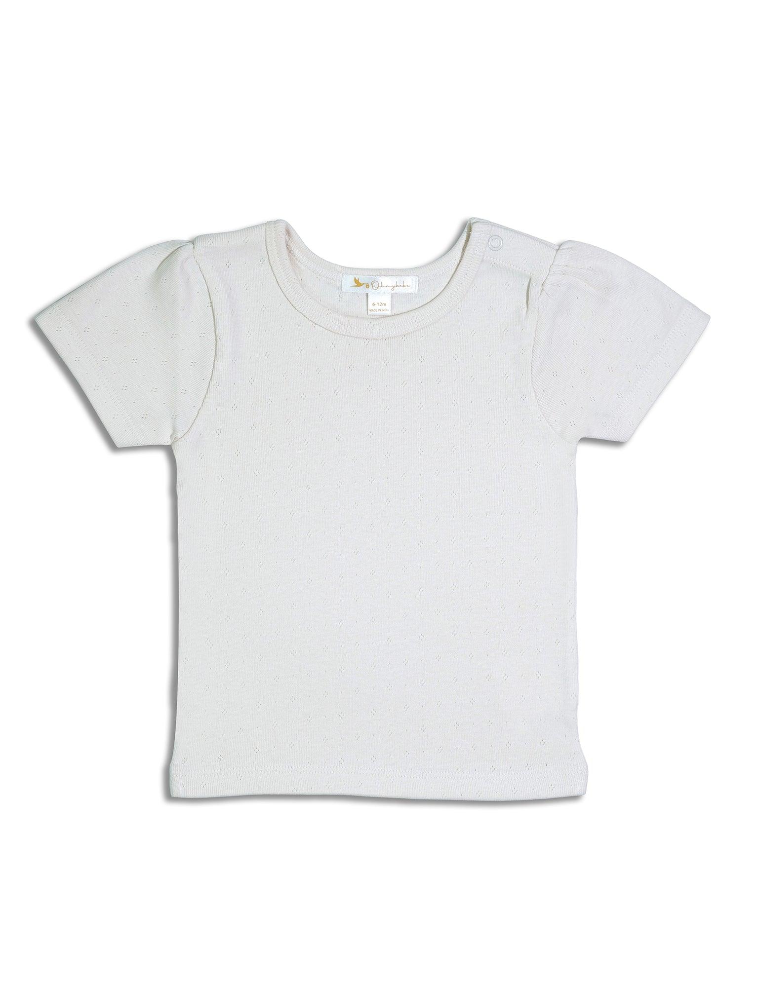 Plain white baby t-shirt with short puff sleeves and round neckline on white background