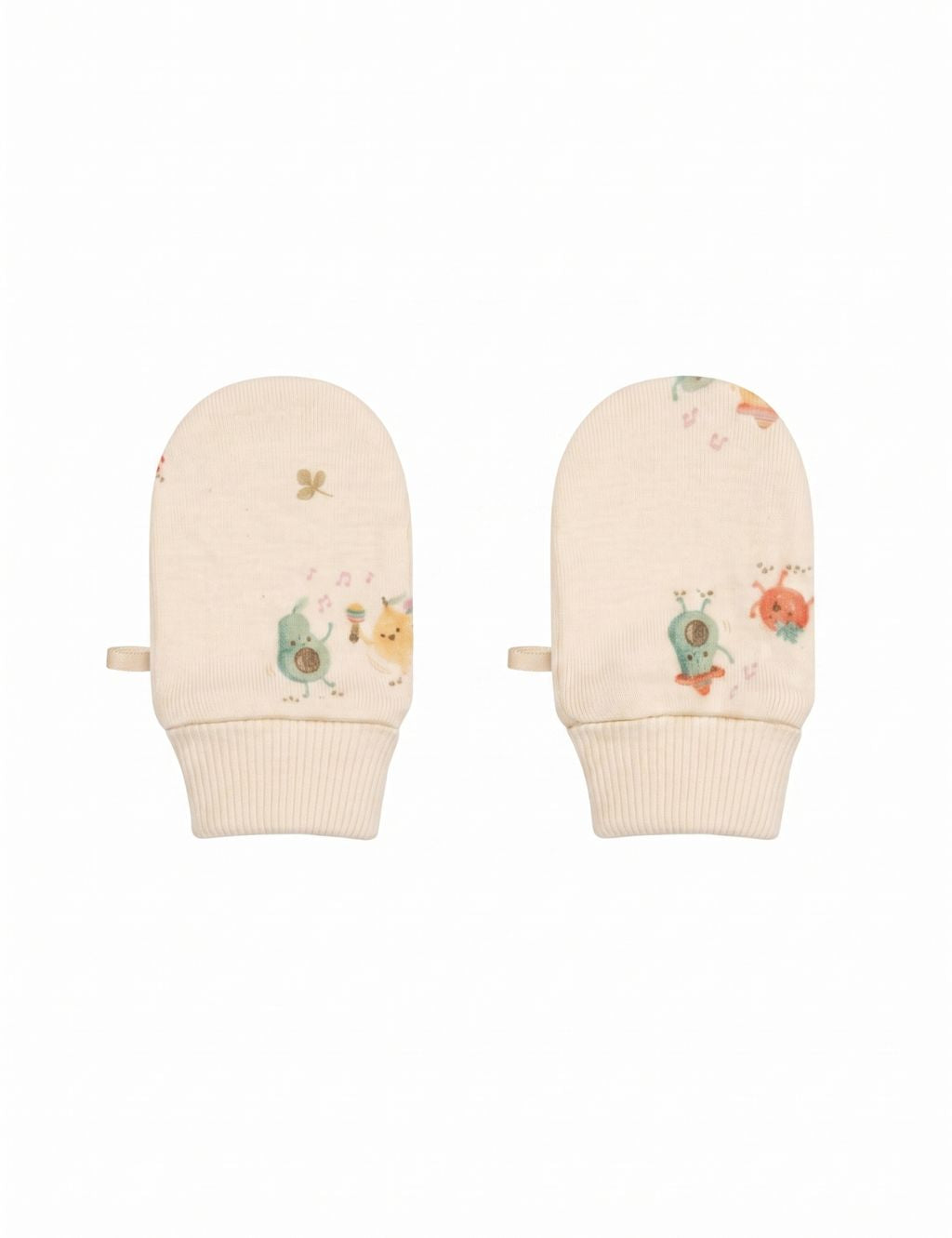 A pair of cream-colored baby scratch mittens featuring a playful print of smiling food characters, including an avocado shaking maracas, laid flat against a plain white background.