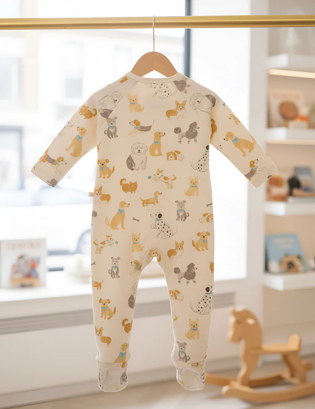 Baby onesie with dog pattern hanging in a nursery