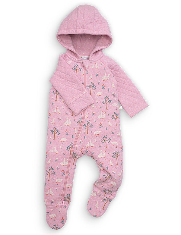 Pink baby hooded footed romper with animal and tree prints and front zipper