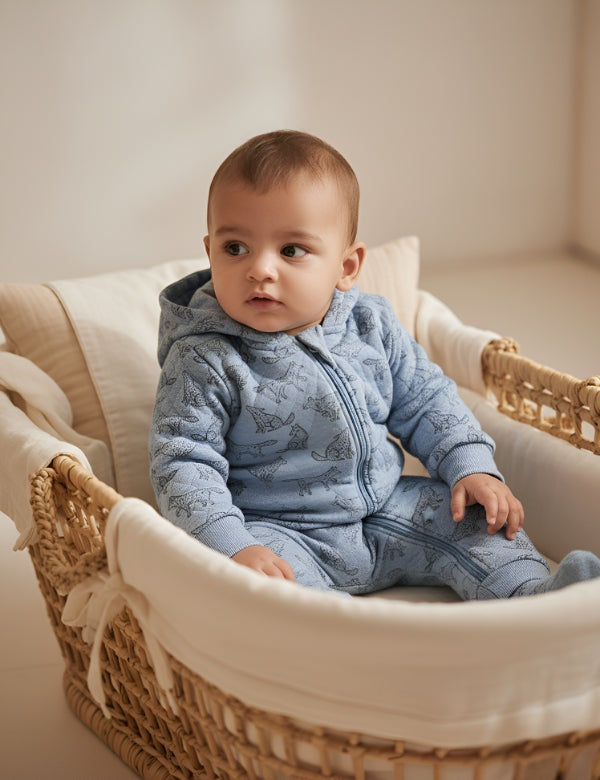 Baby in blue hooded quilted romper with cute animal print – organic cotton winter wear