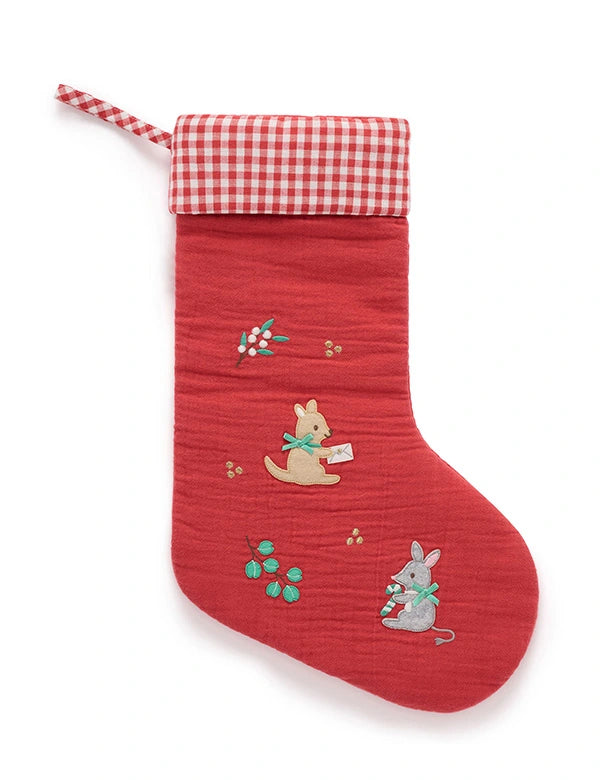 Red Christmas stocking with embroidered mice and gingham trim on a white background