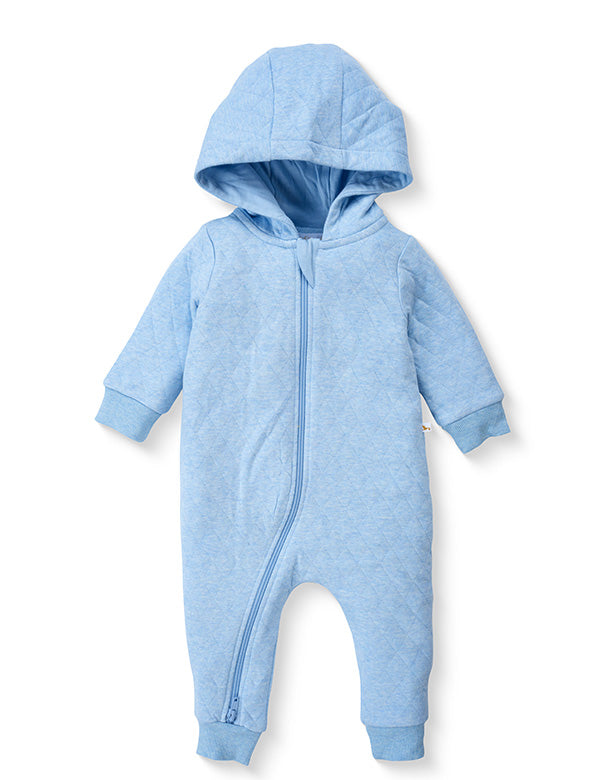 Organic quilted blue baby romper with hood and two-way zipper – front view