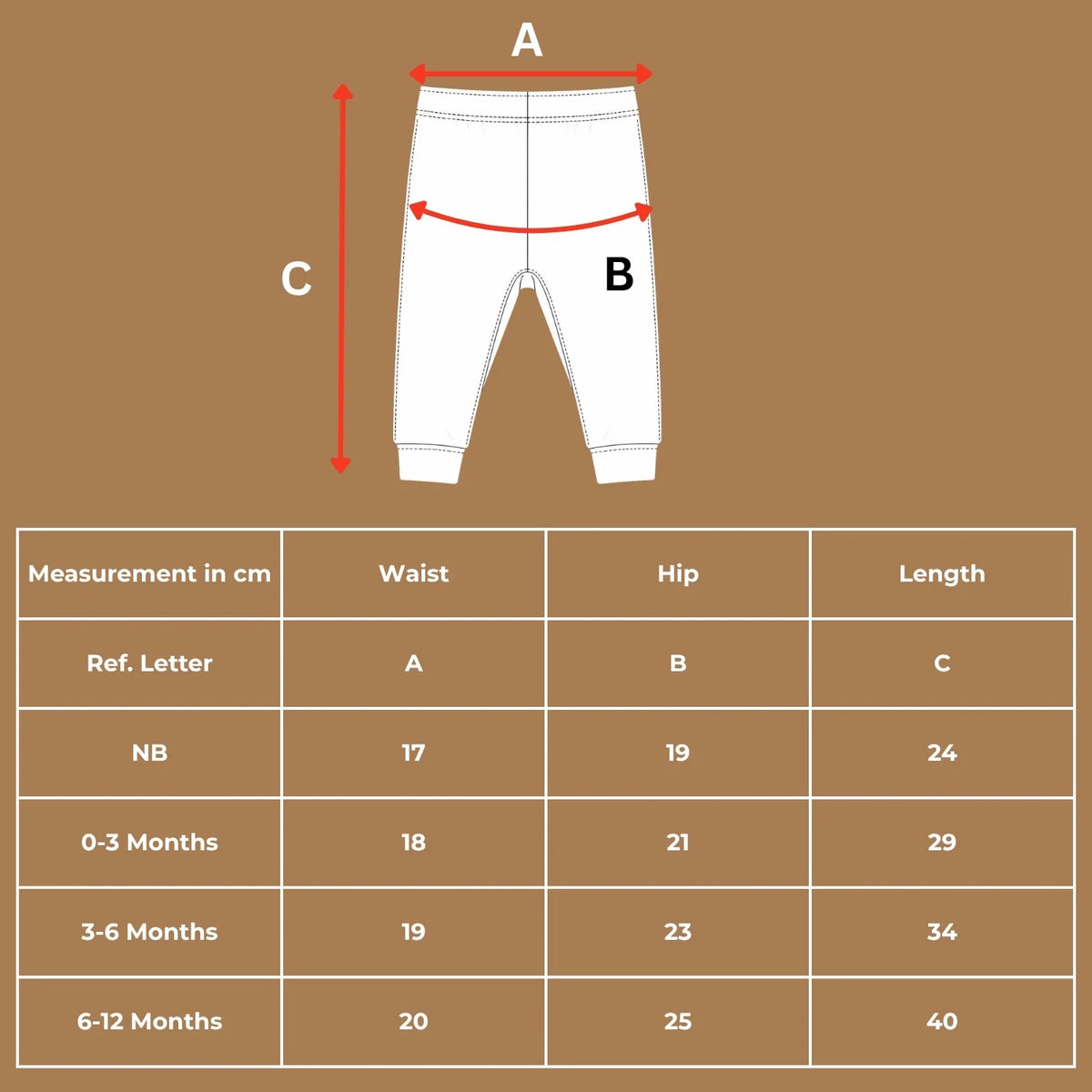 Size chart guide in centimeters for baby leggings showing waist, hip, and length measurements.