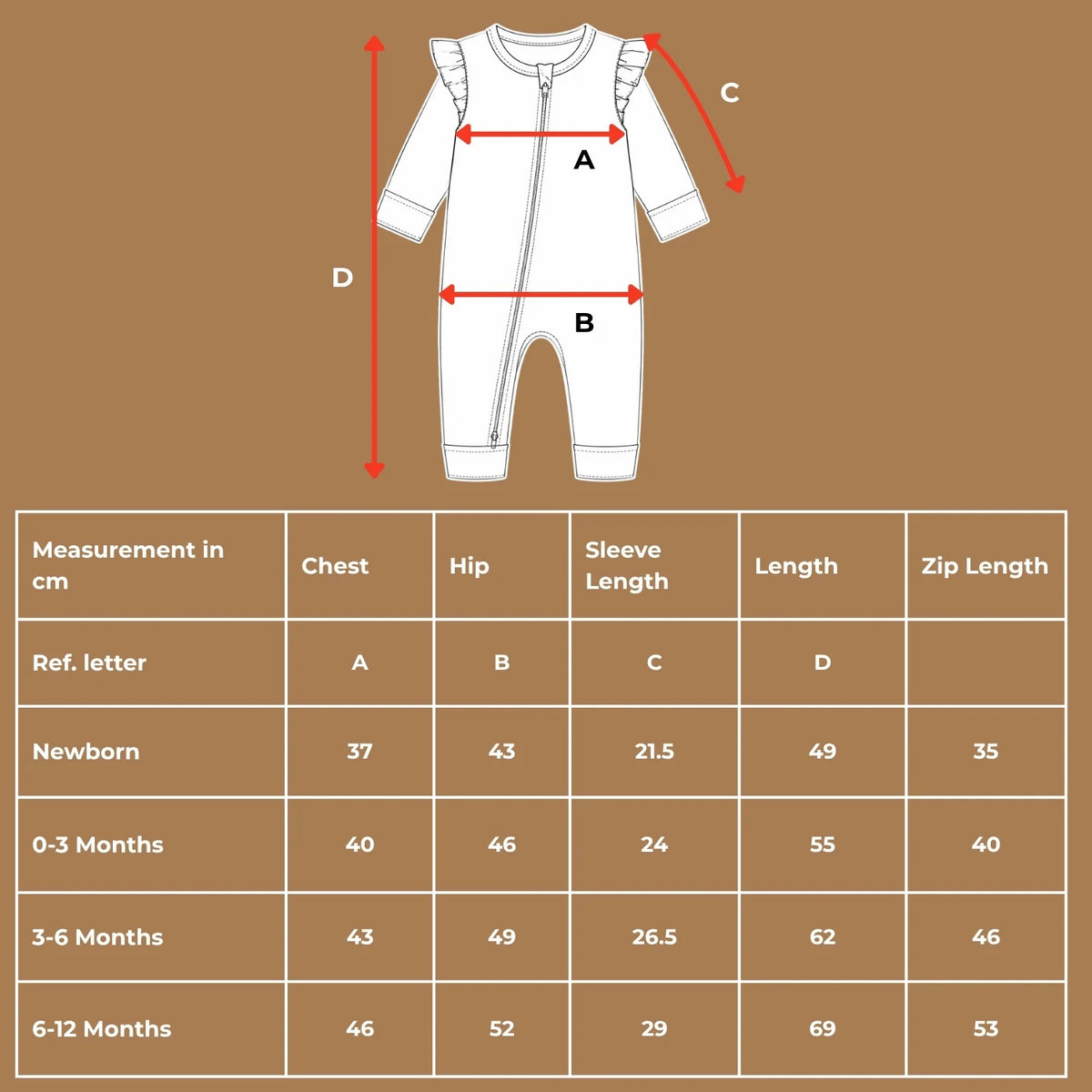 Size chart guide for ruffle zip baby rompers displaying measurements in centimeters for chest, hip, sleeve, and total length.