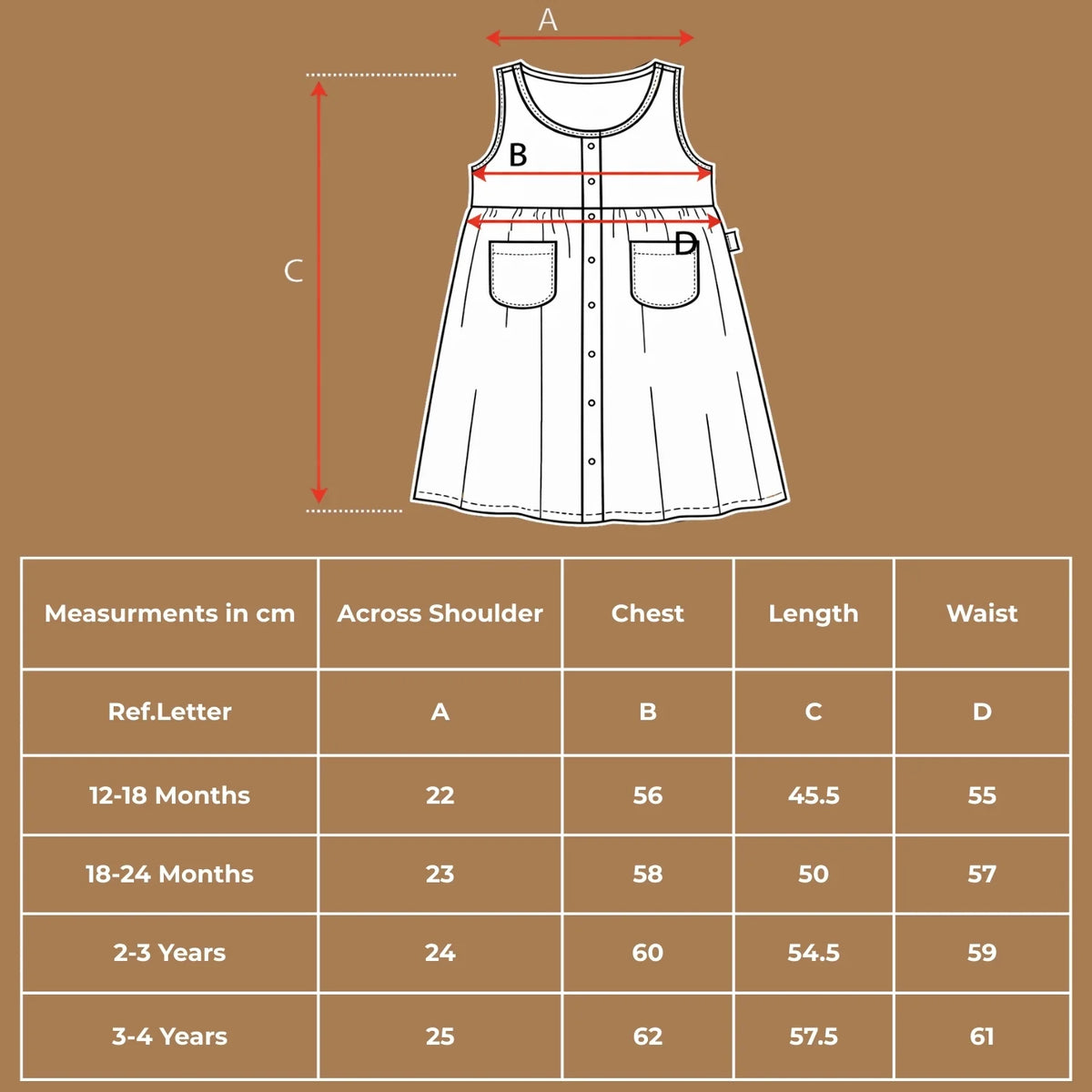 Size chart guide in centimeters for organic cotton gingham check dress showing shoulder, chest, length, and waist measurements