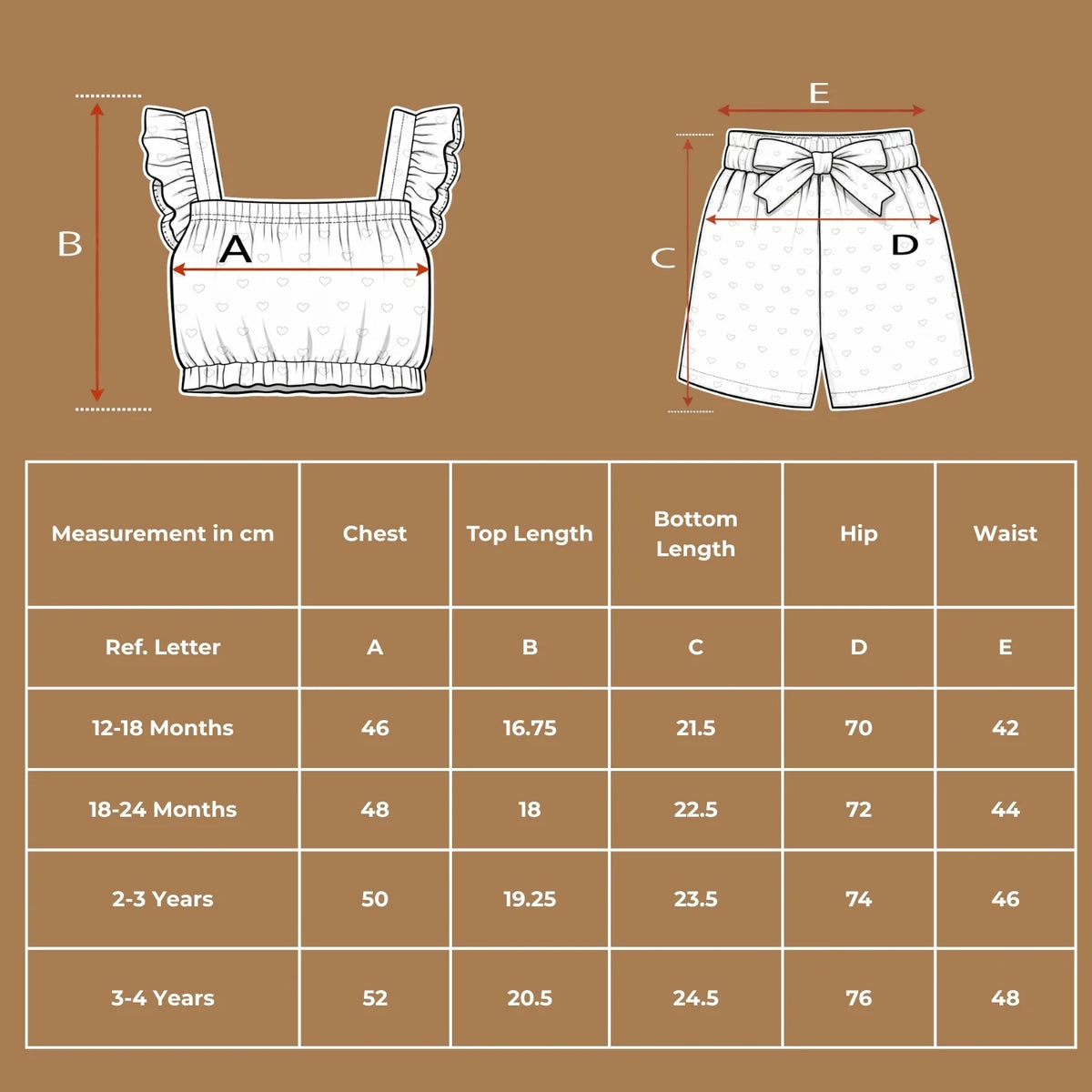 Size chart guide in centimeters for organic cotton smocked top and shorts set showing chest, length, hip, and waist.