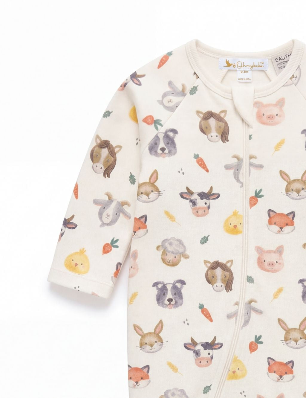 Sleeve detail of a white organic cotton baby romper featuring colorful farm animal graphics.