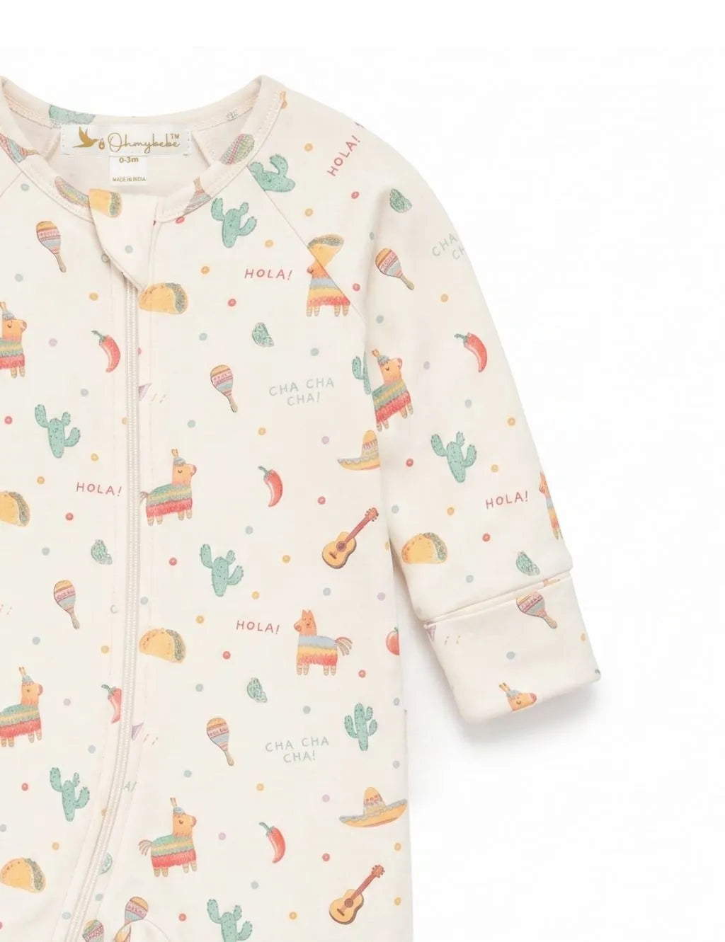 Close-up of fold-over cuff and sleeve on a cream baby zip-up romper featuring a fiesta piñata print.