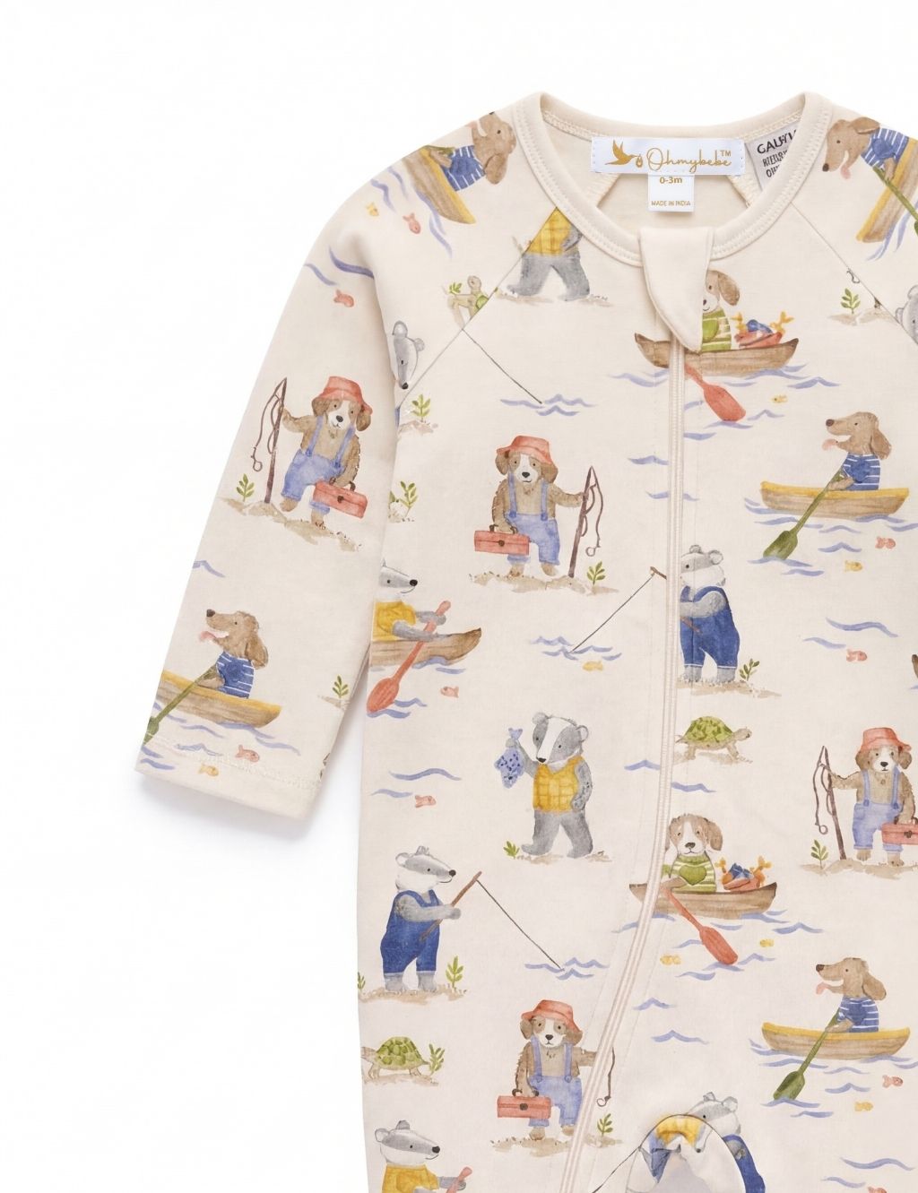 Sleeve and chest detail of a cream organic cotton baby romper with fisherman animal prints.