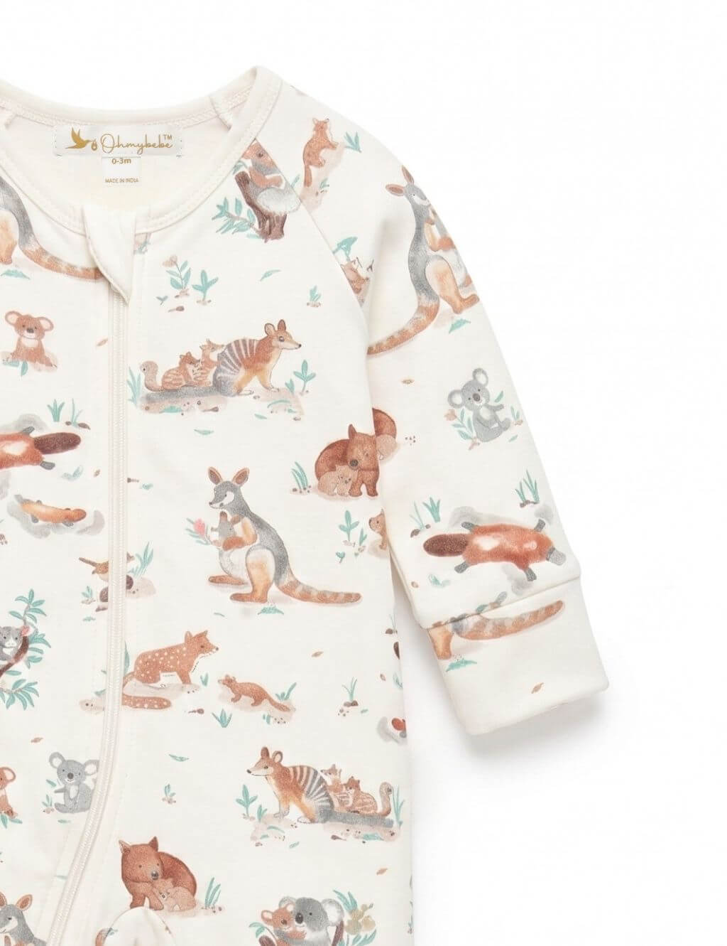 Close-up sleeve and shoulder detail of an organic cotton footie romper showcasing the Australian animal print.