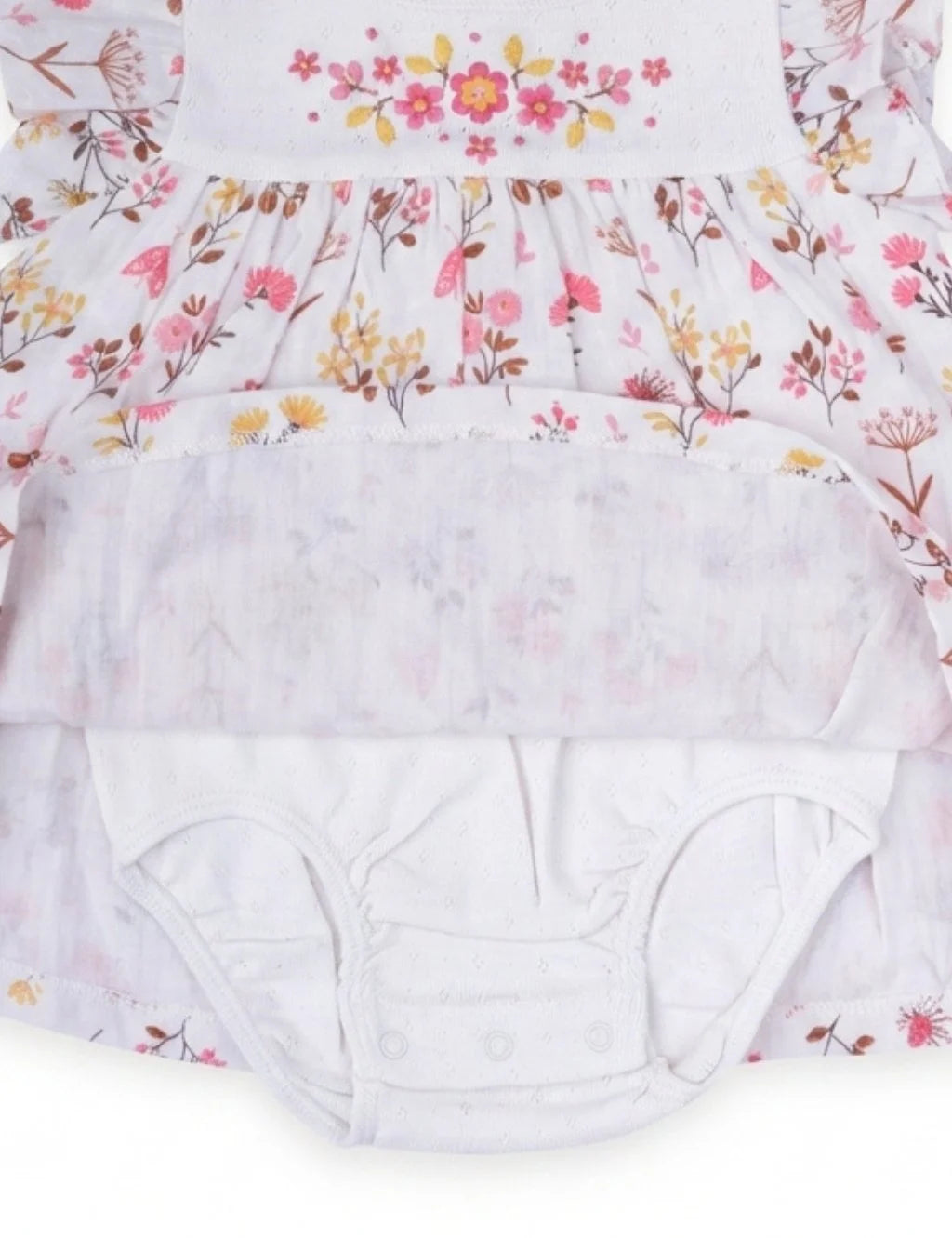 Close-up detail of attached bottom snaps and floral print under skirt on a flutter-sleeve baby romper dress.