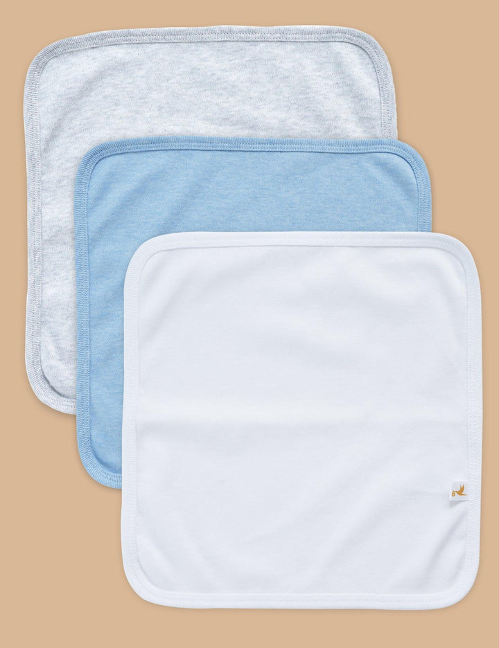 Organic Cotton 3-Piece Washcloth Set (10x10 inches) – Blue/White/Grey Combo - ohmybebe