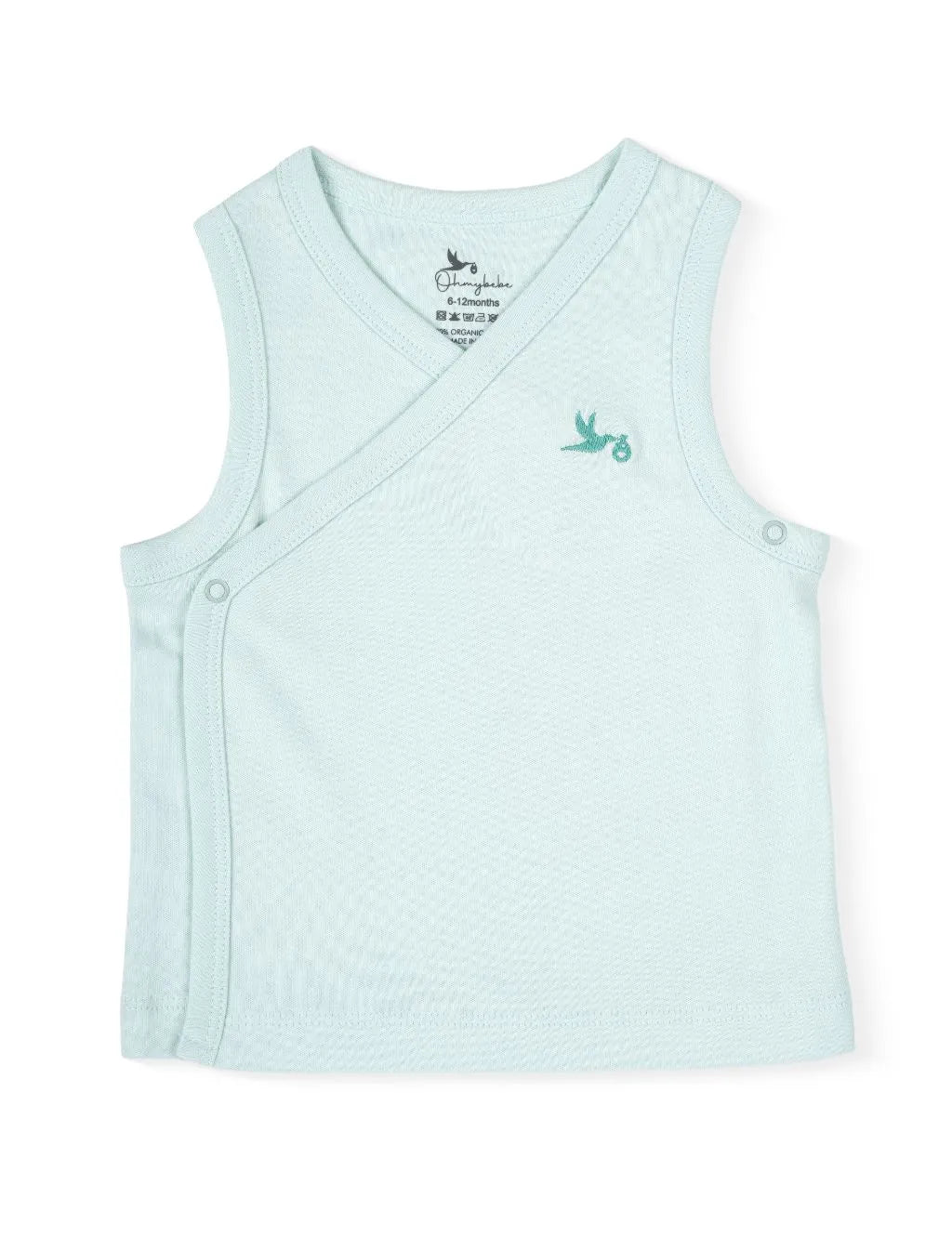 A sleeveless solid mint green baby wrap-style tank top featuring a small embroidered bird graphic on the left chest, tonal ribbed trim along the neckline and crossover edges, and side snap-button closures, laid flat against a plain white background.