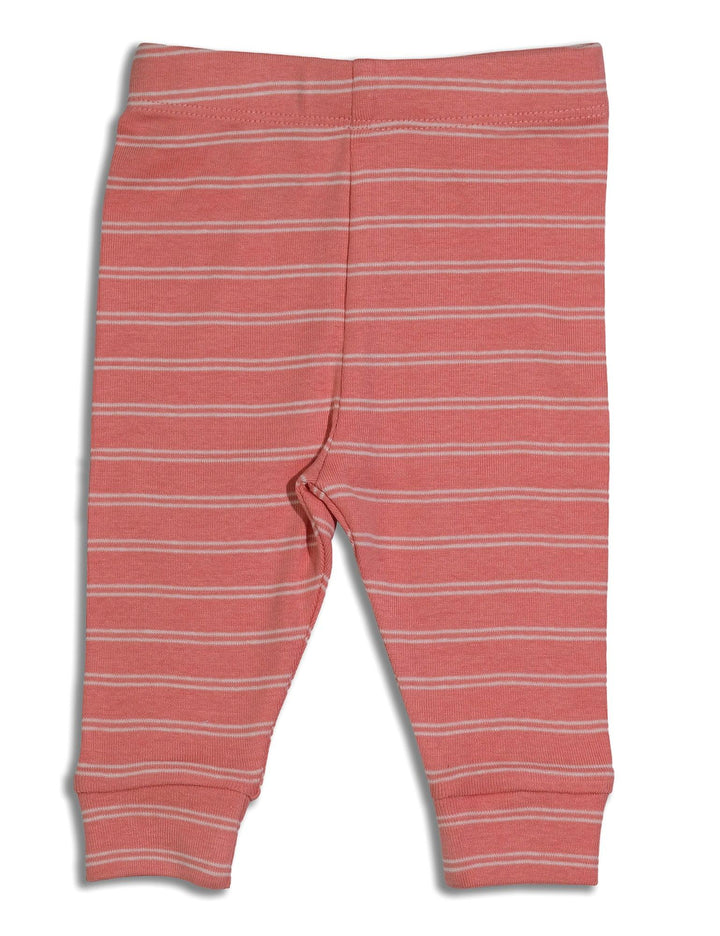  Soft baby leggings with horizontal stripes in shades of pink and white, featuring a comfortable elastic waistband and cuffed ankles. Buy striped baby pants India.