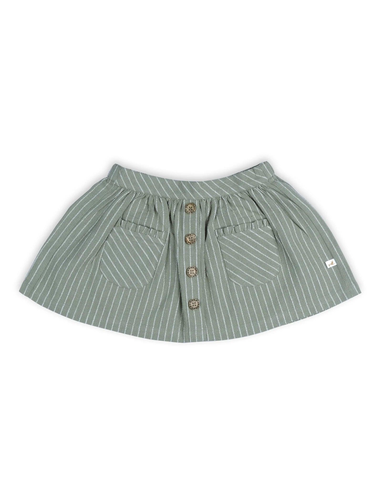 Green striped baby skirt with front pockets and wooden button details