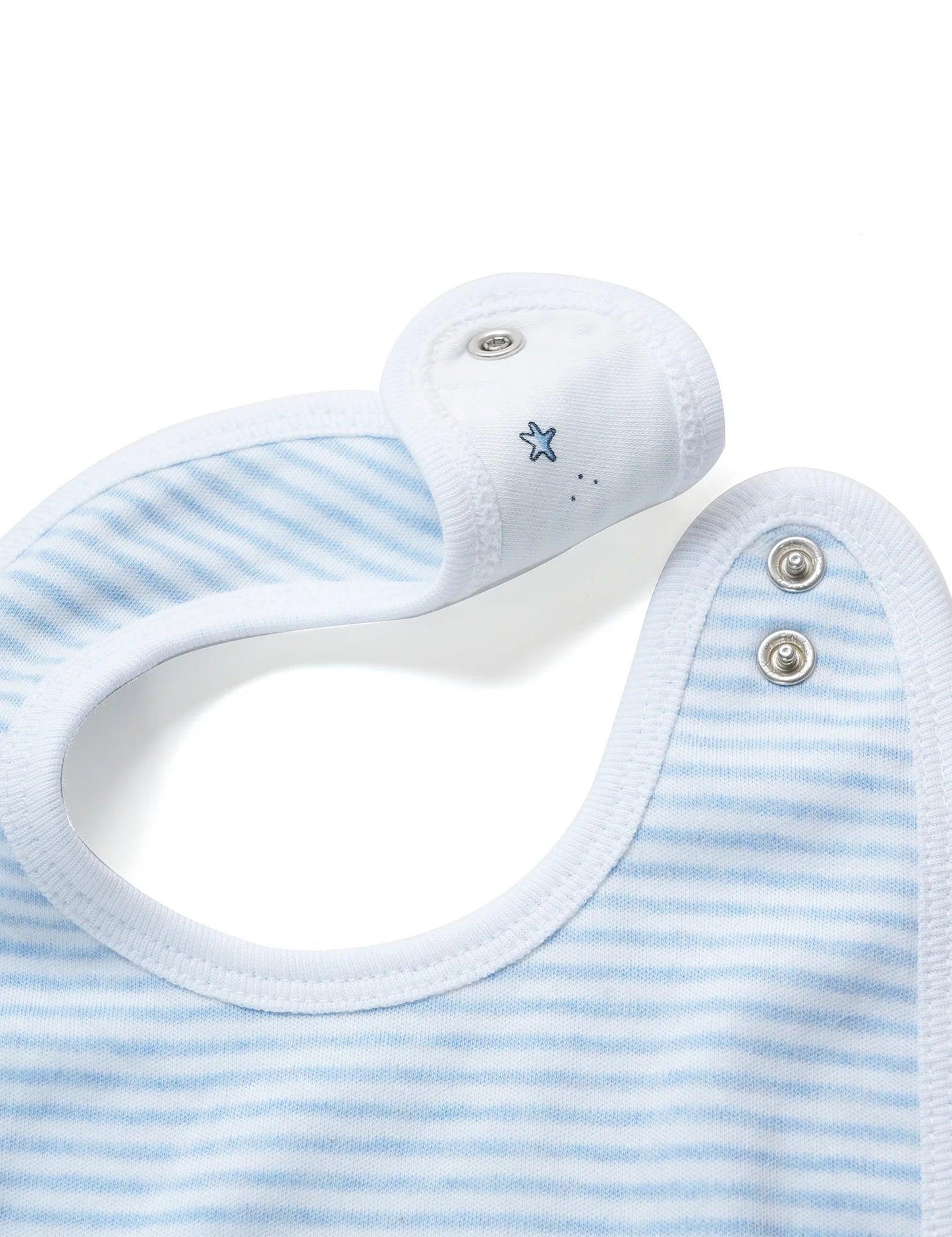 Close-up of striped organic cotton baby bib with soft fabric and snap button closure