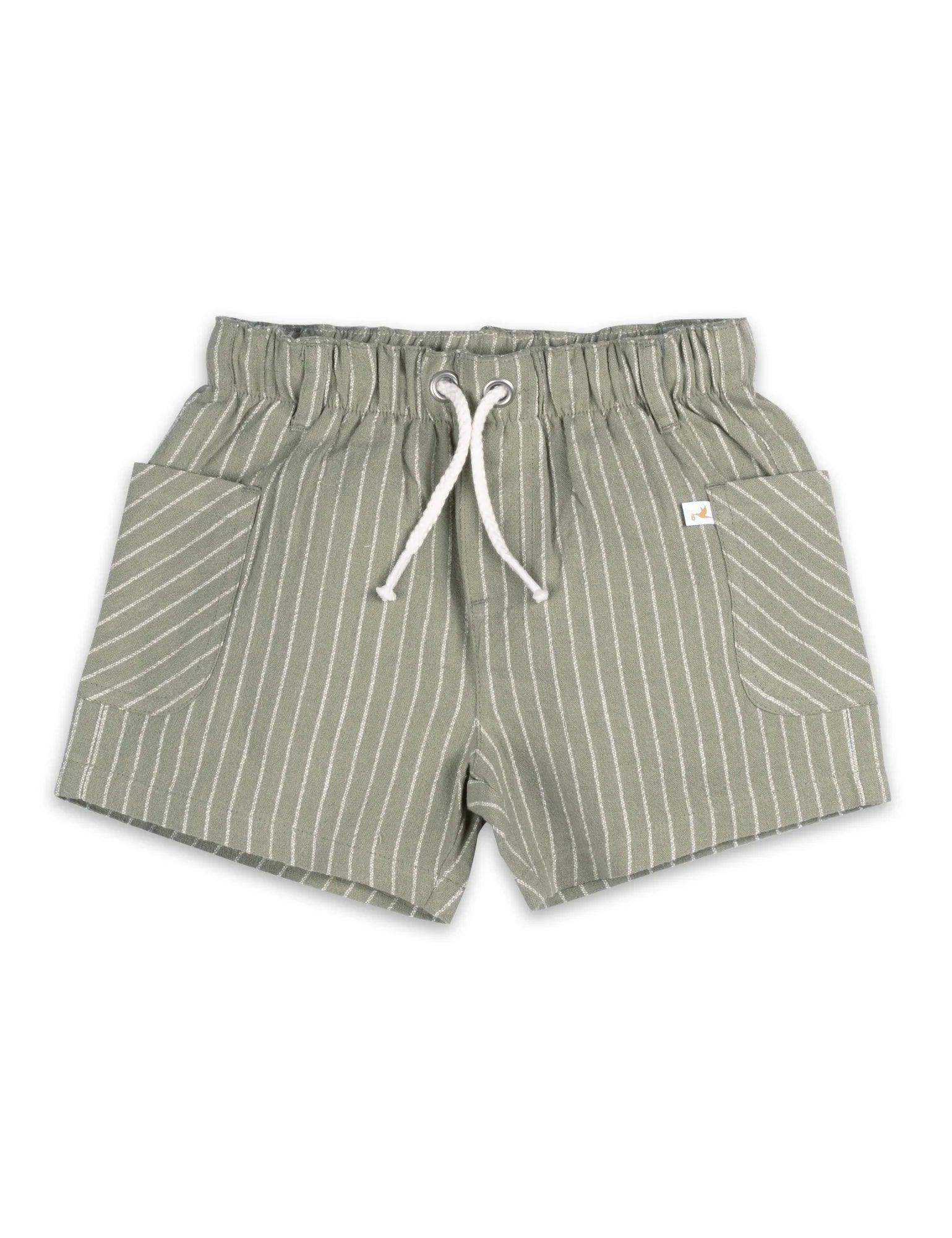 Green and white striped organic cotton baby shorts with drawstring and pockets
