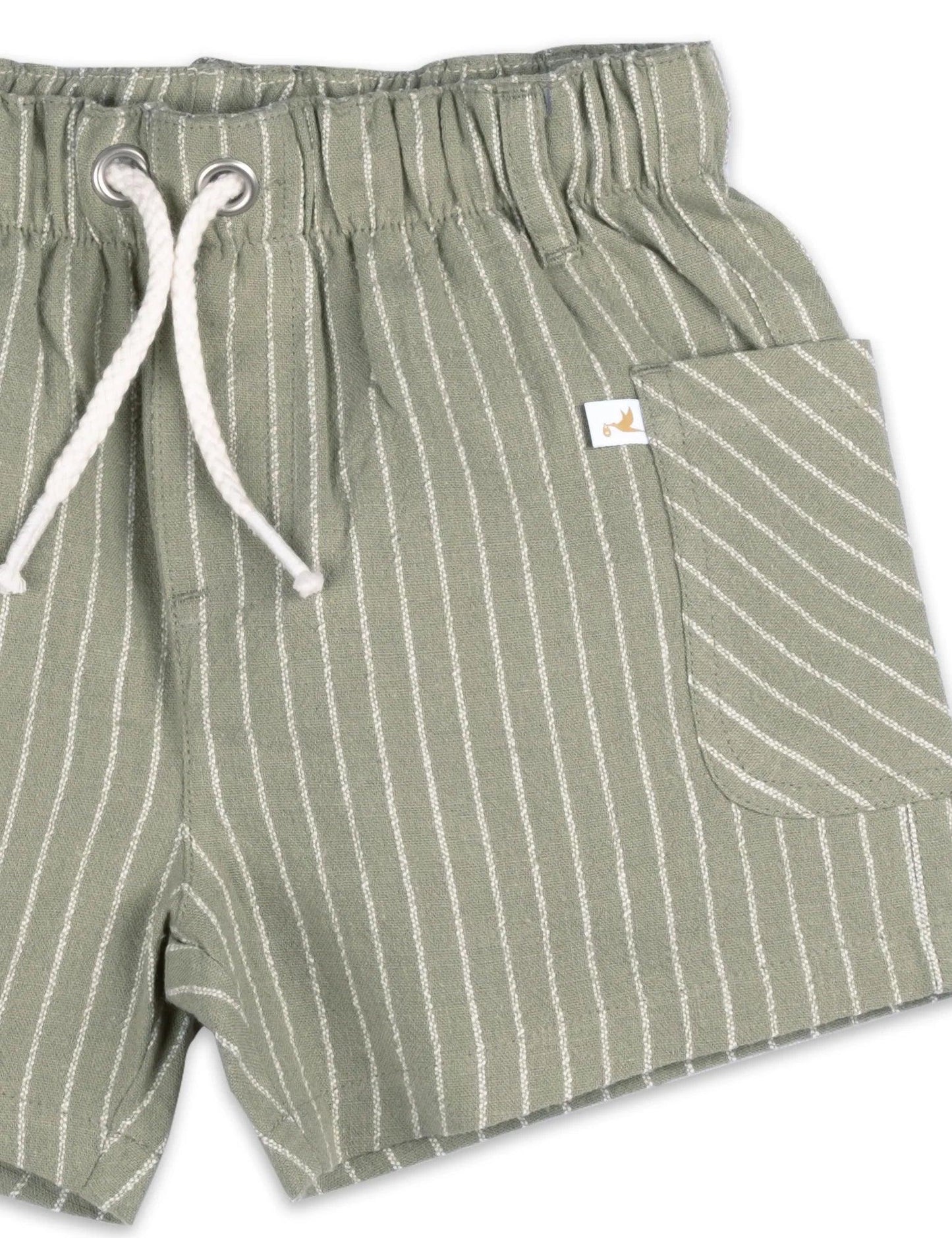 Green striped organic cotton baby shorts with elastic waistband and white drawstring