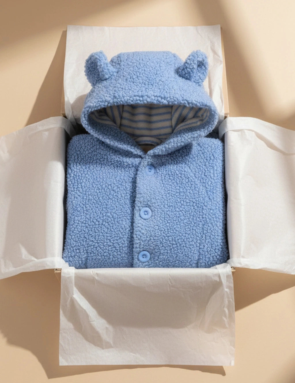 Blue baby hoodie with bear ears on a beige background